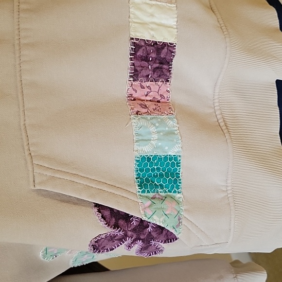 Upcycled tan hooded sweatshirt with butterfly applique & colorful butterflies - Picture 8 of 15
